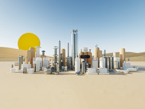 Un'immagine di vari pezzi di ricambio per mobili IKEA realizzati in modo da sembrare una città su una superficie beige che imita la sabbia, uno sfondo blu e un cerchio giallo che rappresenta il sole.