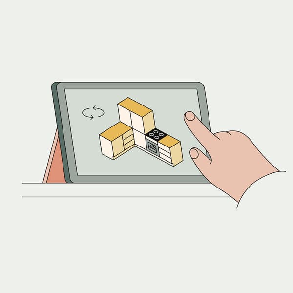 Un'immagine illustrata di una mano che usa il configuratore cucine su un tablet.