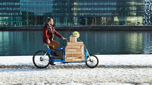 Uomo in bici lungo il fiume che trasporta in bicicletta i pacchi piatti di IKEA. 