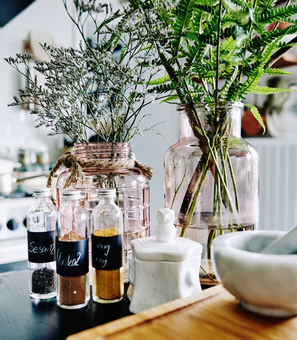 Upcycle you storage. Mix of jars, containers and storage on worktop.