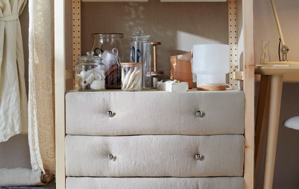 Update a chest of drawers with fabric for a cosier look! Then use it to store your sewing supplies. Try IKEA IVAR 3-drawer chest in natural pine.