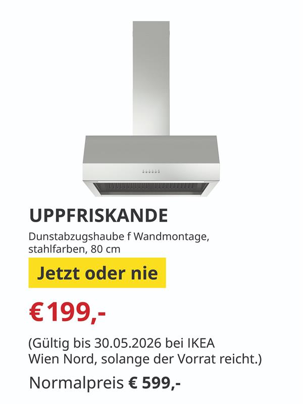 UPPFRISKANDE
Dunstabzugshaube für Wandmontage,
stahlfarben, 80 cm
€199,- stat €599,-