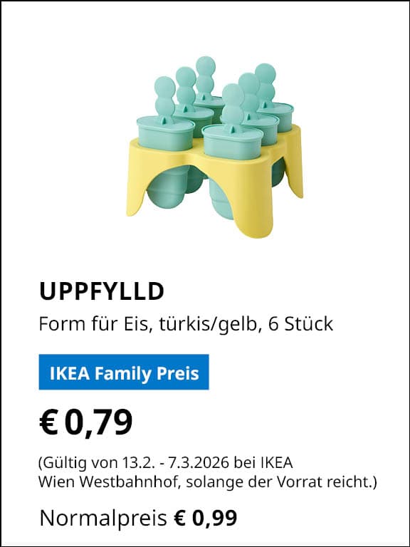 UPPFYLLD, Form für Eis, türkis/gelb, 6 Stück
IKEA Family Preis €0,79
Gültig von 13.2. - 7.3.2026 bei IKEA Wien Westbahnhof, solange der Vorrat reicht.
Normalpreis €0,99