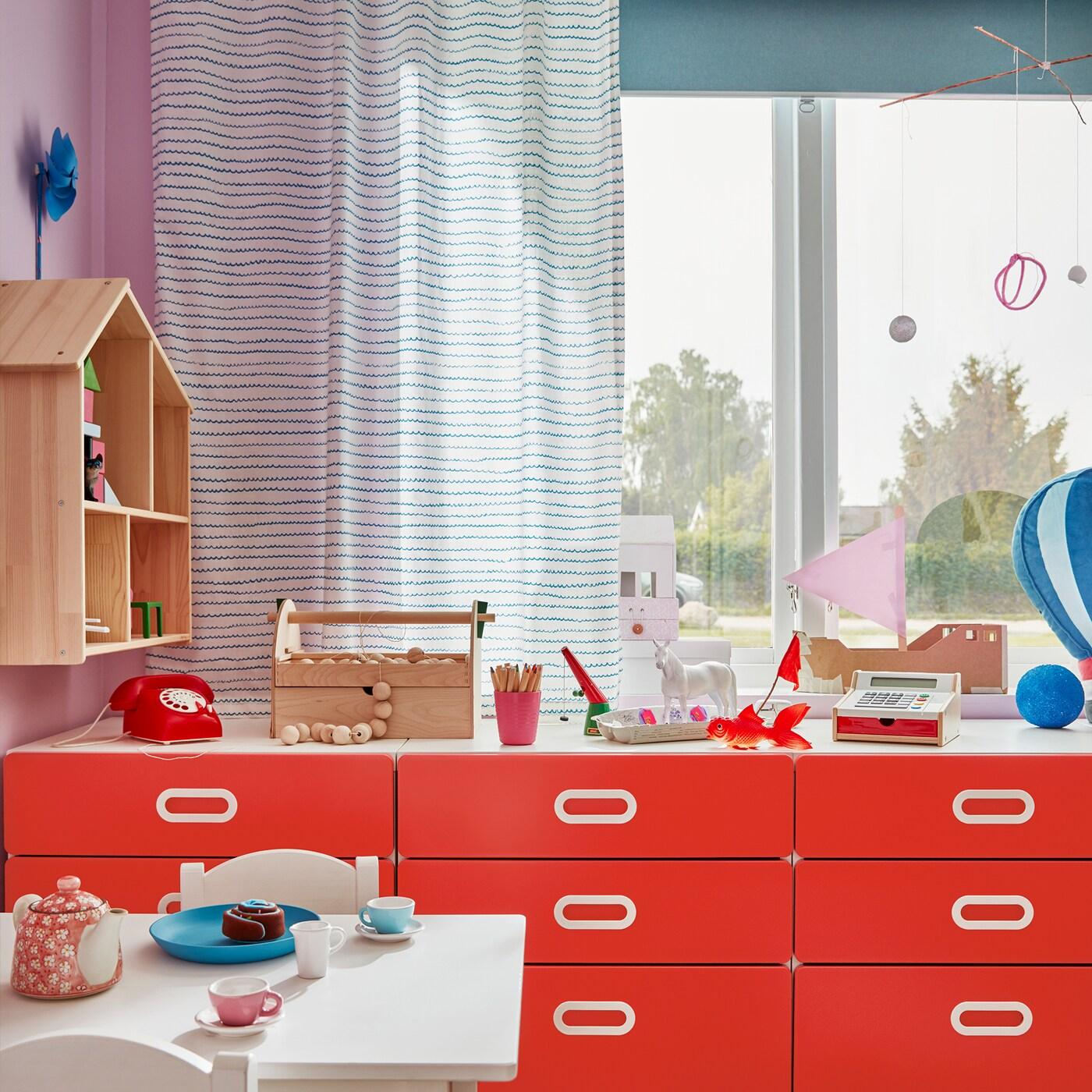 UPPTÅG curtains with holders, 1 pair, waves/boats pattern, blue.