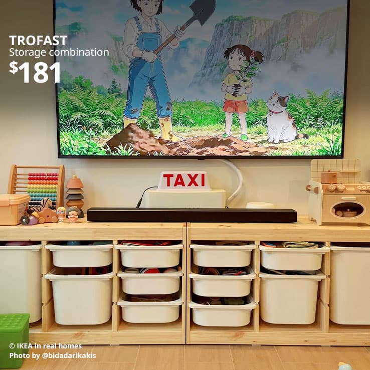 User generated content. Living room in Singapore features two TROFAST storage combinations with boxes used as a TV console, with TV mounted on top and speaker placed on top of TROFAST.
