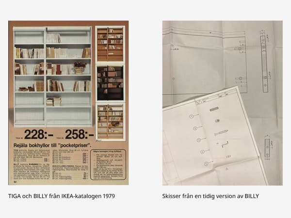 Utdrag ur IKEA-katalog från 1979 med bokhyllorna TIGA och BILLY samt skisser av en tidig version av BILLY-hyllan.