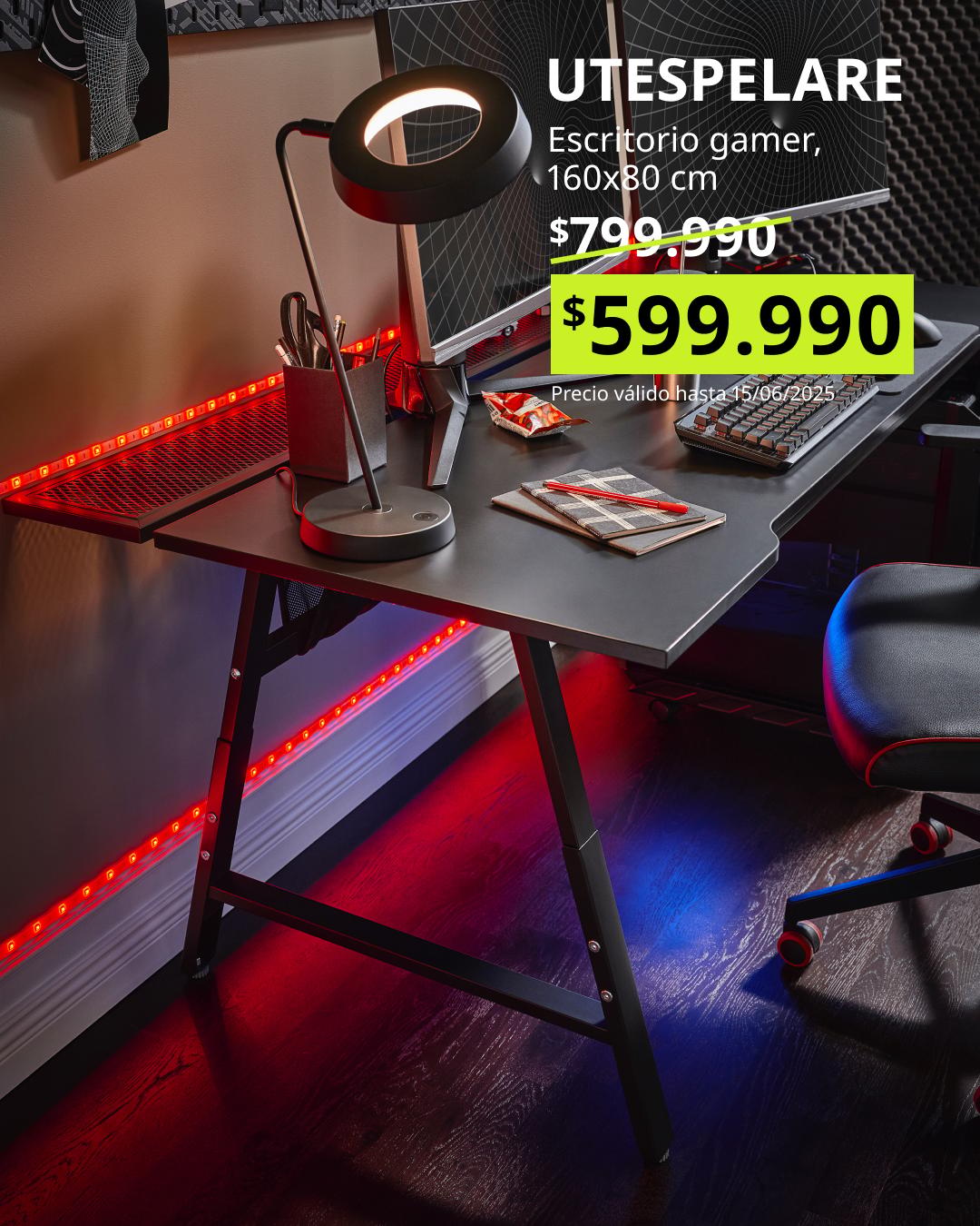 UTESPELARE escritorio gaming negro 160x80 cm, superficie amplia y diseño pensado para rendimiento