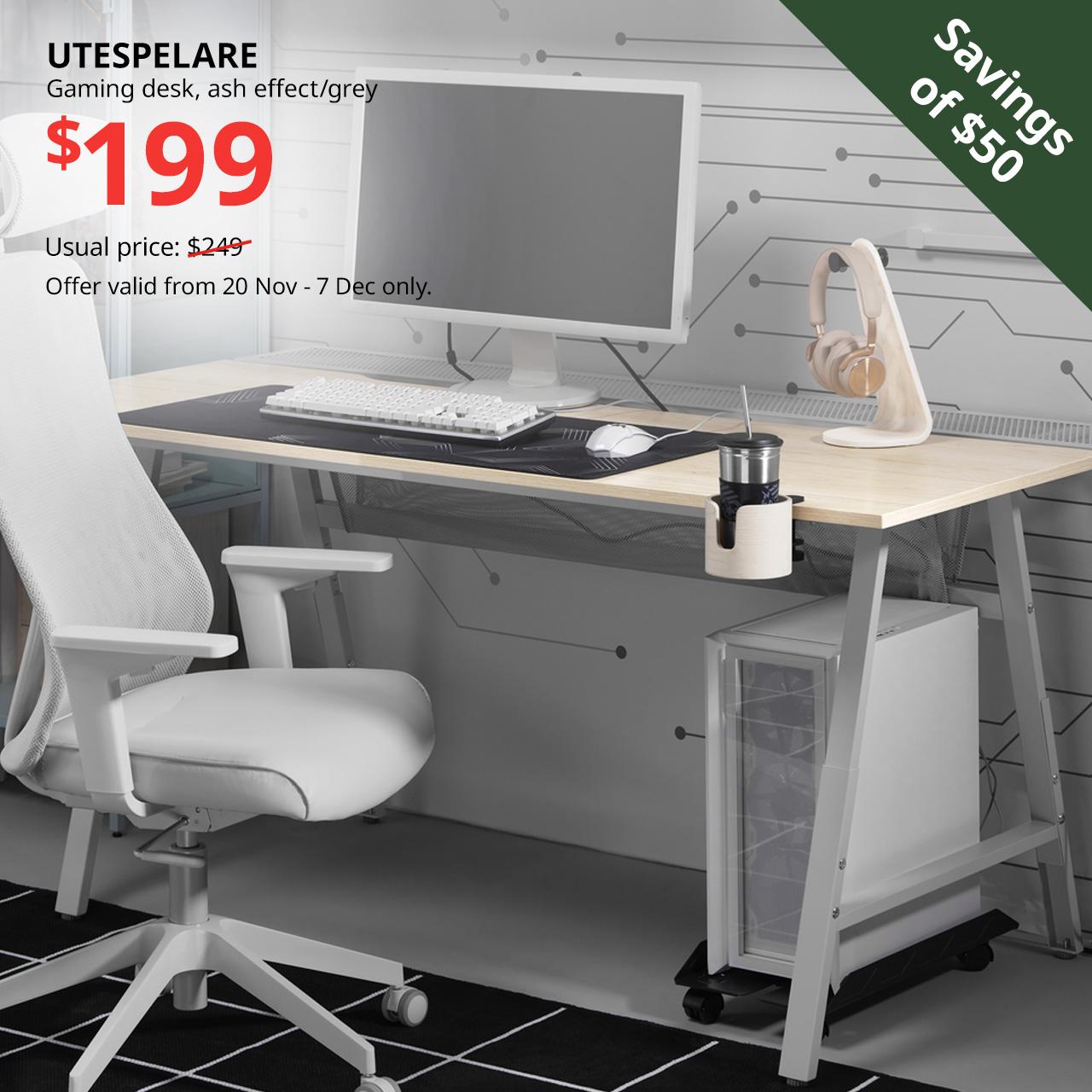 UTESPELARE gaming desk, ash effect/grey, $199 in gaming room. Savings of $50.