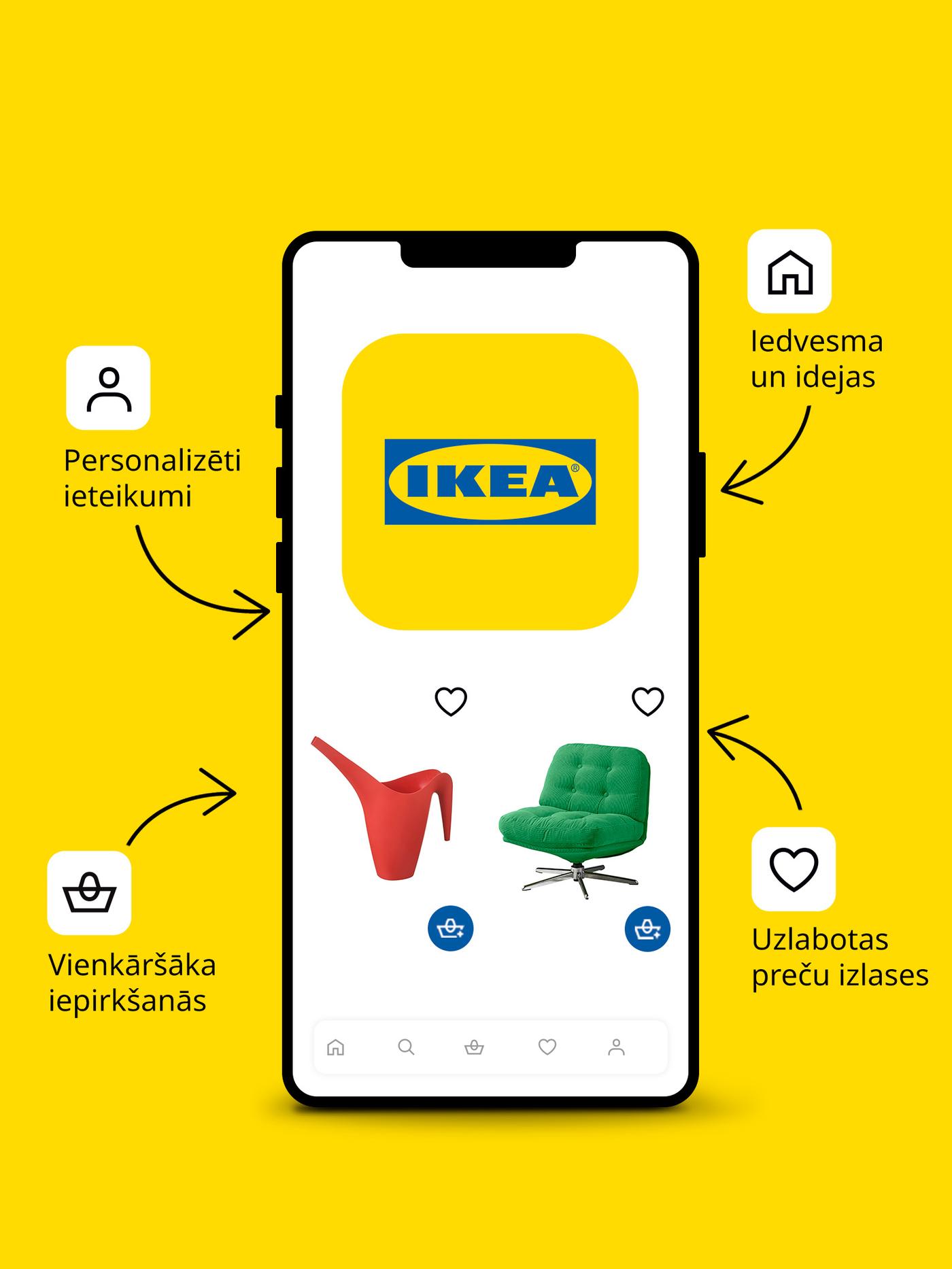 Uz spilgti dzeltena fona viedtālrunis, uz kura ekrāna redzama IKEA lietotnes ikona, sarkana lampa un dzeltens atpūtas krēsls; četras bultas norāda uz ekrānu ar šādiem tekstiem: Vienkāršāka iepirkšanās, Uzlabotas preču izlases, Personalizēti ieteikumi, Iedvesma un idejas.