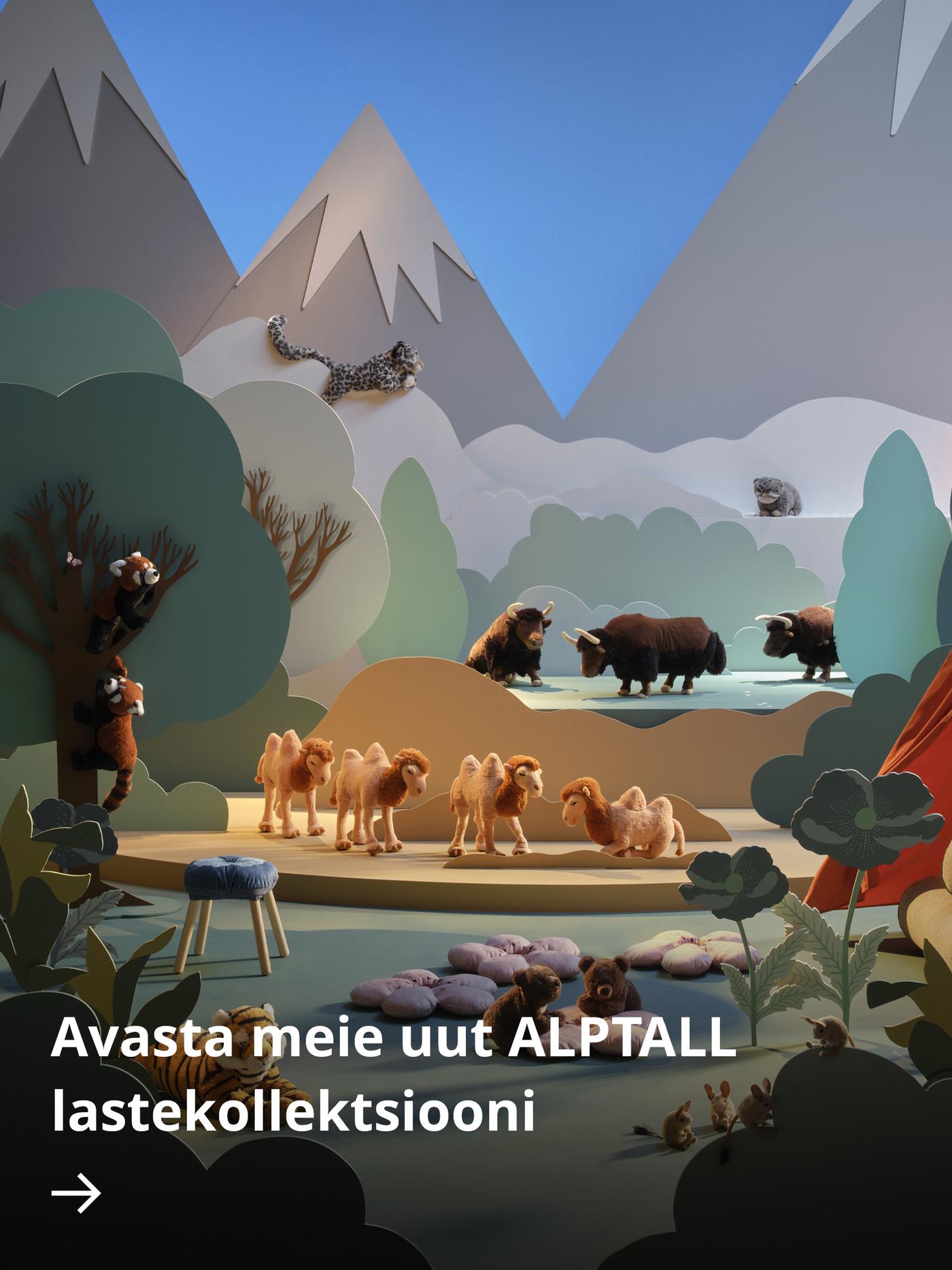 Värviline mägimaastik lumiste tippude, järve ja punase telgiga, kus toimetavad ALPTALL loomad, nende hulgas tiiger, kaamelid, jakid, punapandad ja lumeleopardid.