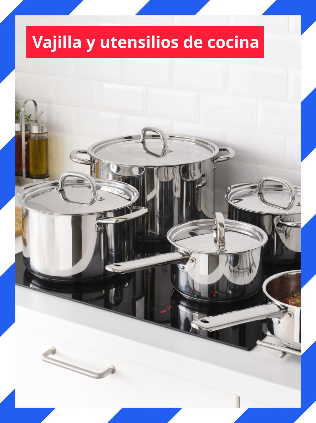 Vajillas y utensilios de cocina funcionales, con platos, cubiertos y accesorios para cocinar y servir a diario.