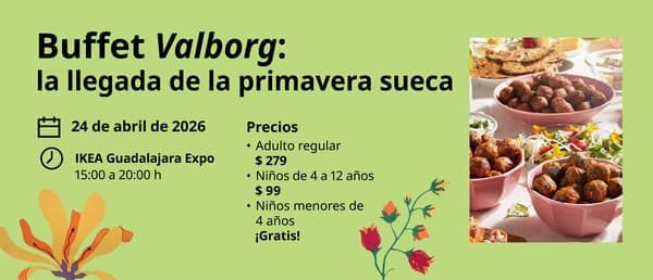Valborg buffet, fondo verde, con flores de colores, naranjas, amarillas y rosas e imagen de bowls de albóndigas.