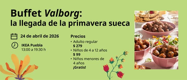 Valborg buffet, fondo verde, con flores de colores, naranjas, amarillas y rosas e imagen de bowls de albóndigas.