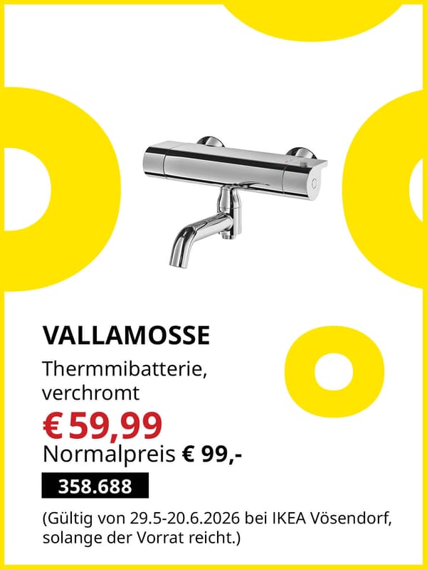VALLAMOSSE Thermostat-Mischbatterie, verchromt zum Midsommar Sale Preis von € 59,99
statt Normalpreis € 99,-