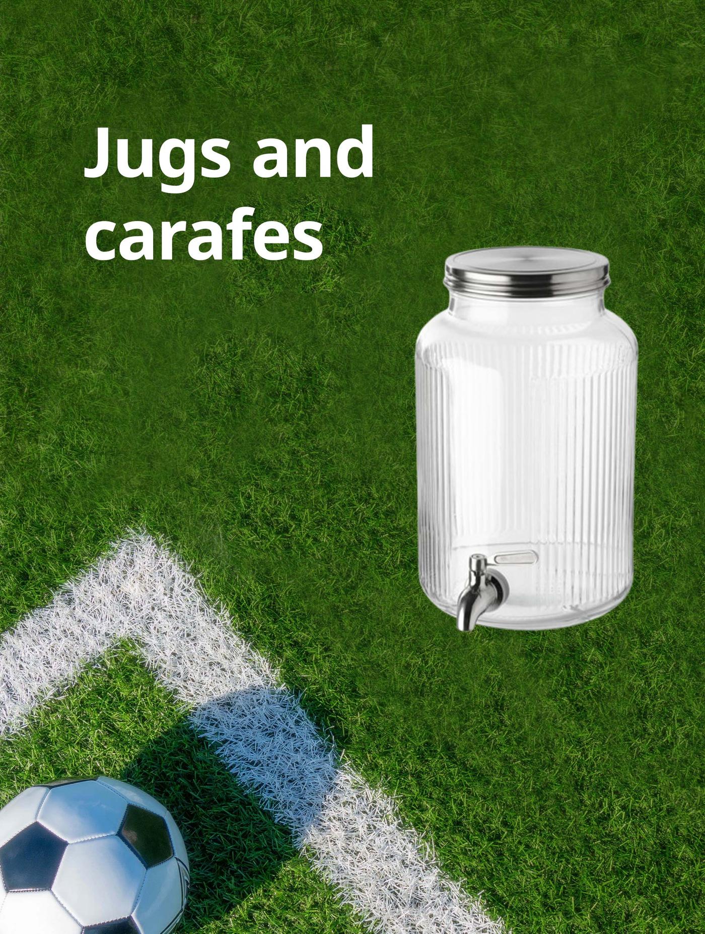 VARDAGEN jar with tap on a football pitch background. White text reads: Jugs and carafes