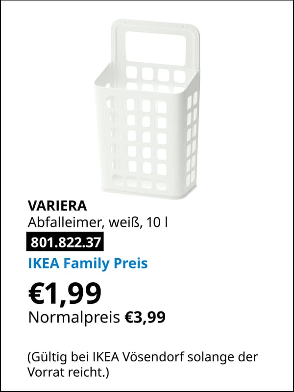 VARIERA Abfalleimer, weiß, 10 Liter statt € 3,99 zum IKEA Family Preis von € 1,99