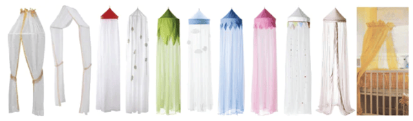 Varios doseles de cama para niños en varios colores como azul, verde y rosa sobre un fondo blanco.