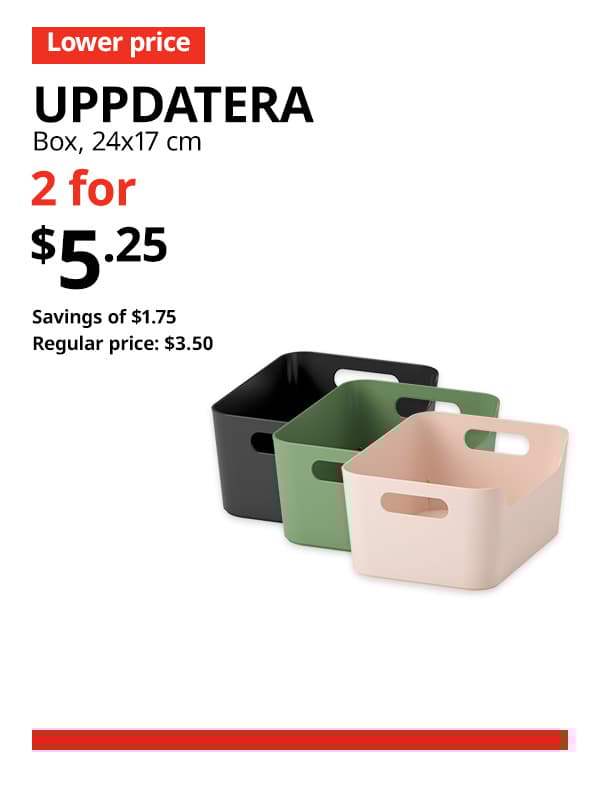 Various colour of UPPDATERA available in anthracite, green and light pink in 24x17 cm. A red 'Lower price' tag, followed by black text that reads "UPPDATERA, Box, 24x17 cm." Multibuy deal of 2 for $5.25, with savings of $1.75. Regular price, $3.50.