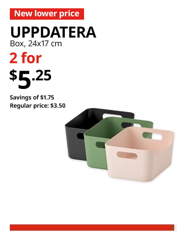 Various colour of UPPDATERA available in anthracite, green and light pink in 24x17 cm. A red 'New lower price' tag, followed by black text that reads "UPPDATERA, Box, 24x17 cm." Multibuy deal of 2 for $5.25, with savings of $1.75. Regular price, $3.50.