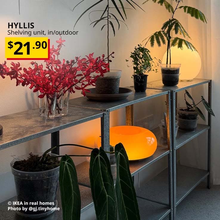 VARMBLIXT lamp and houseplants placed on a row of HYLLIS shelving units, in/outdoor, 60x27x74 cm.
PrIce of HYLLIS shelving units: $21.90.