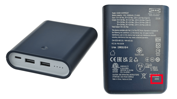 VARMFRONT power bank 10400mAh Front and Back. Date stamp in a red frame on the back.
