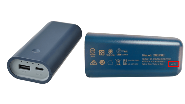 VARMFRONT power bank 5200mAh Front and Back. Date stamp in a red frame on the back.