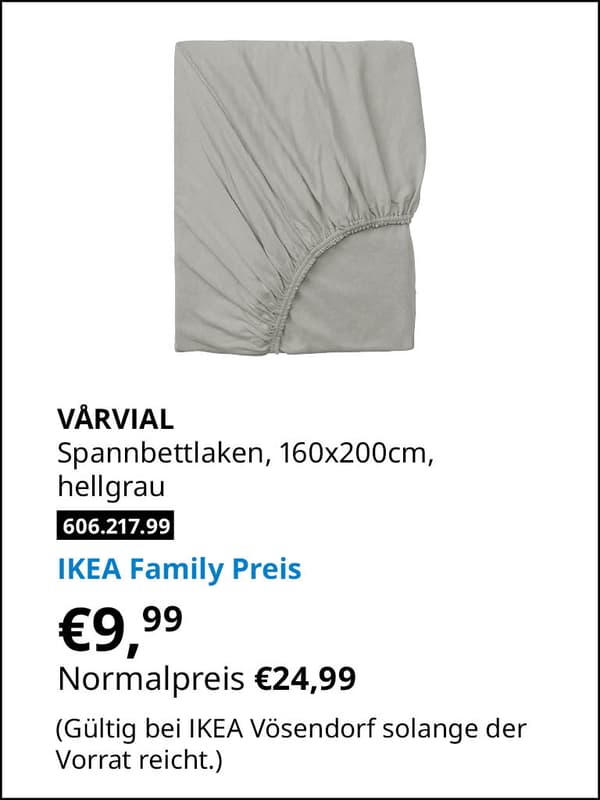 VARVIAL Spannbettlaken 160x200 cm, hellgrau statt € 24,99 zum IKEA Family Preis von € 9,99
