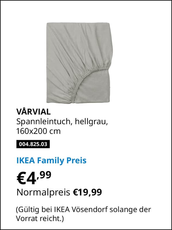 VÅRVIAL Spannleintuch, hellgrau, 160x200 cm  Artikelnummer 004.825.03 statt € 19,99 zum IKEA Family Preis von € 4,99 