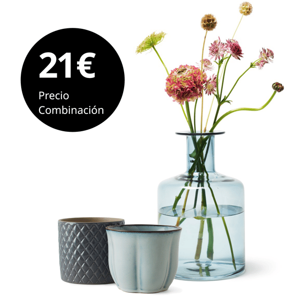 Vase with flowers and flowerpots in blue tones