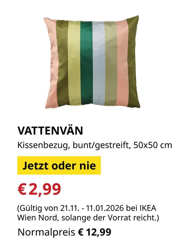 VATTENVÄN Kissenbezug, bun/gestreift, 50x50 cm
Gültig bis 11.01.2026 oder solange der Vorrat reicht. 