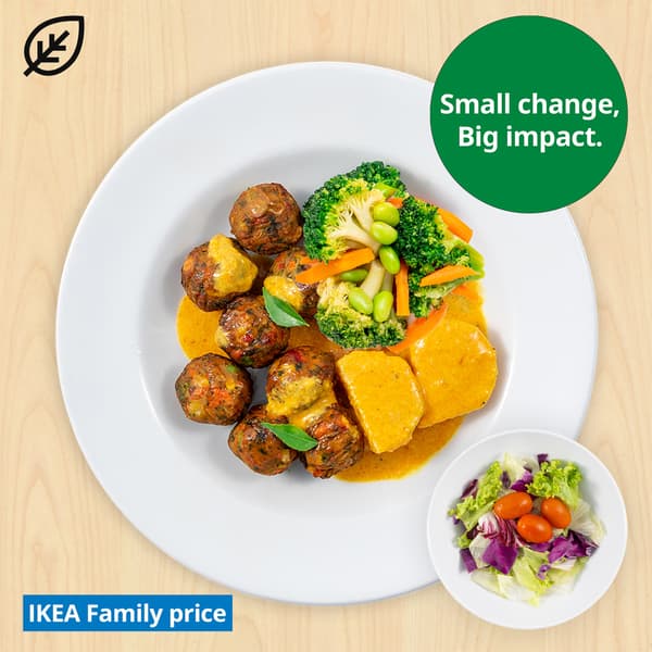 Vegetable ball with curry sauce and green salad. Plant food symbol at top left corner of thumbnail and sustainability message 