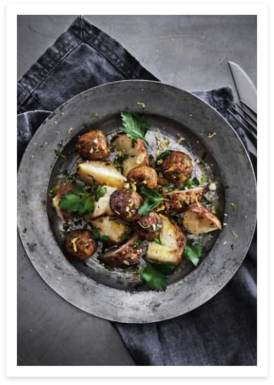 Vegetable balls with baked celery root and gremolata