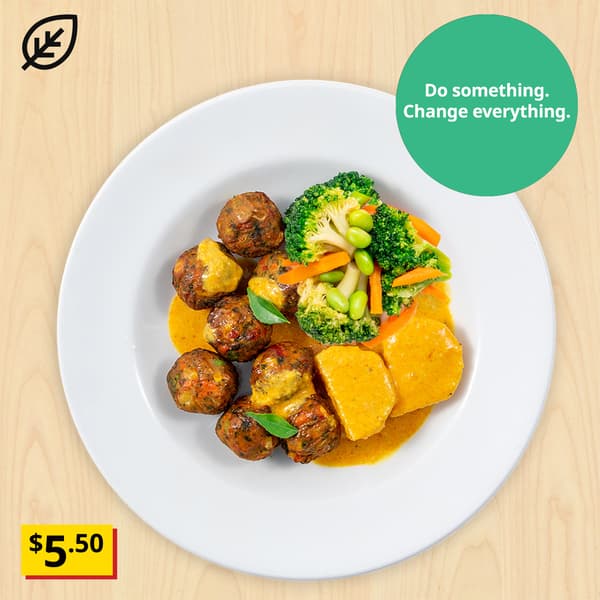 Vegetable balls with mixed vegetables and coconut curry sauce. Plant food symbol at top left corner of thumbnail and sustainability message 