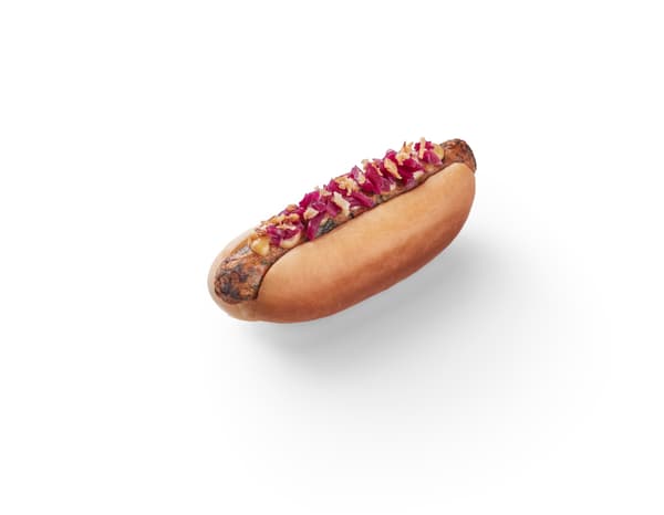 Vegetarian hot dog in bread with red cabbage and onion