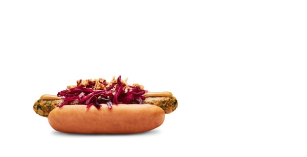 Vegetariánský hot dog
se sladkou hořčicí, zelím a cibulkou