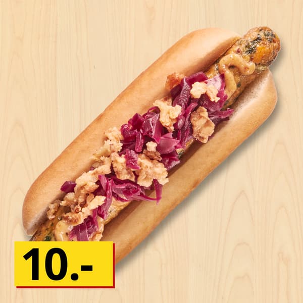 Veggie hotdog
med grøntsagspølse toppet med syltet rødkål, krydret sennep og ristede løg

10.-