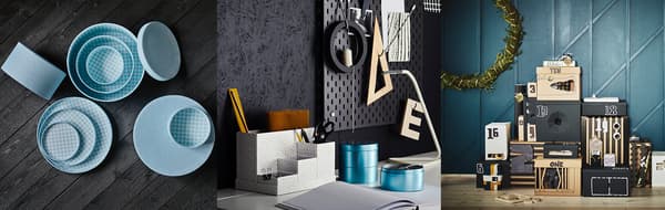 verschieden verarbeitet Karton aufbewahrungsboxen. ganz links in blau mit einem Muster, un der mitte auf einem Tisch mit einer Stufen artigen form mit blauen Dosen daneben. Ganz rechts IKEA Kartonkisten gestapelt.