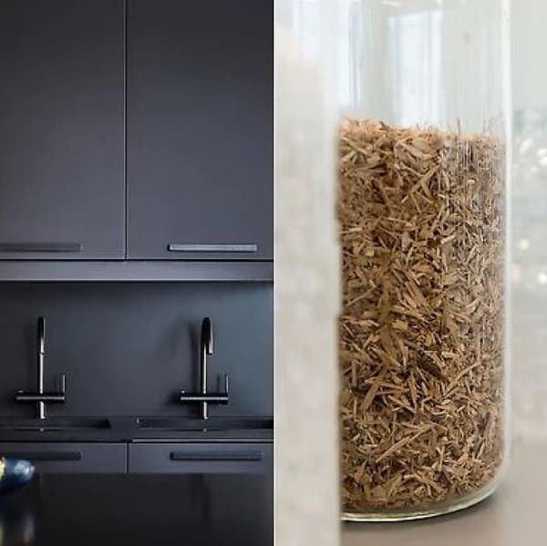 Vienā pusē melna virtuve, otrā pusē zāģu skaidas