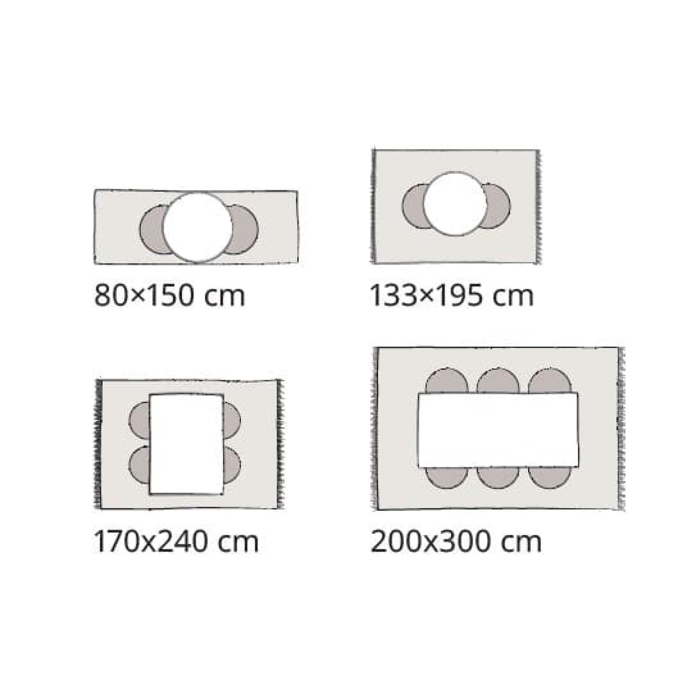 Vier rechthoekige tapijten van verschillende afmetingen worden getoond, elk met een specifieke opstelling van tafels en stoelen.