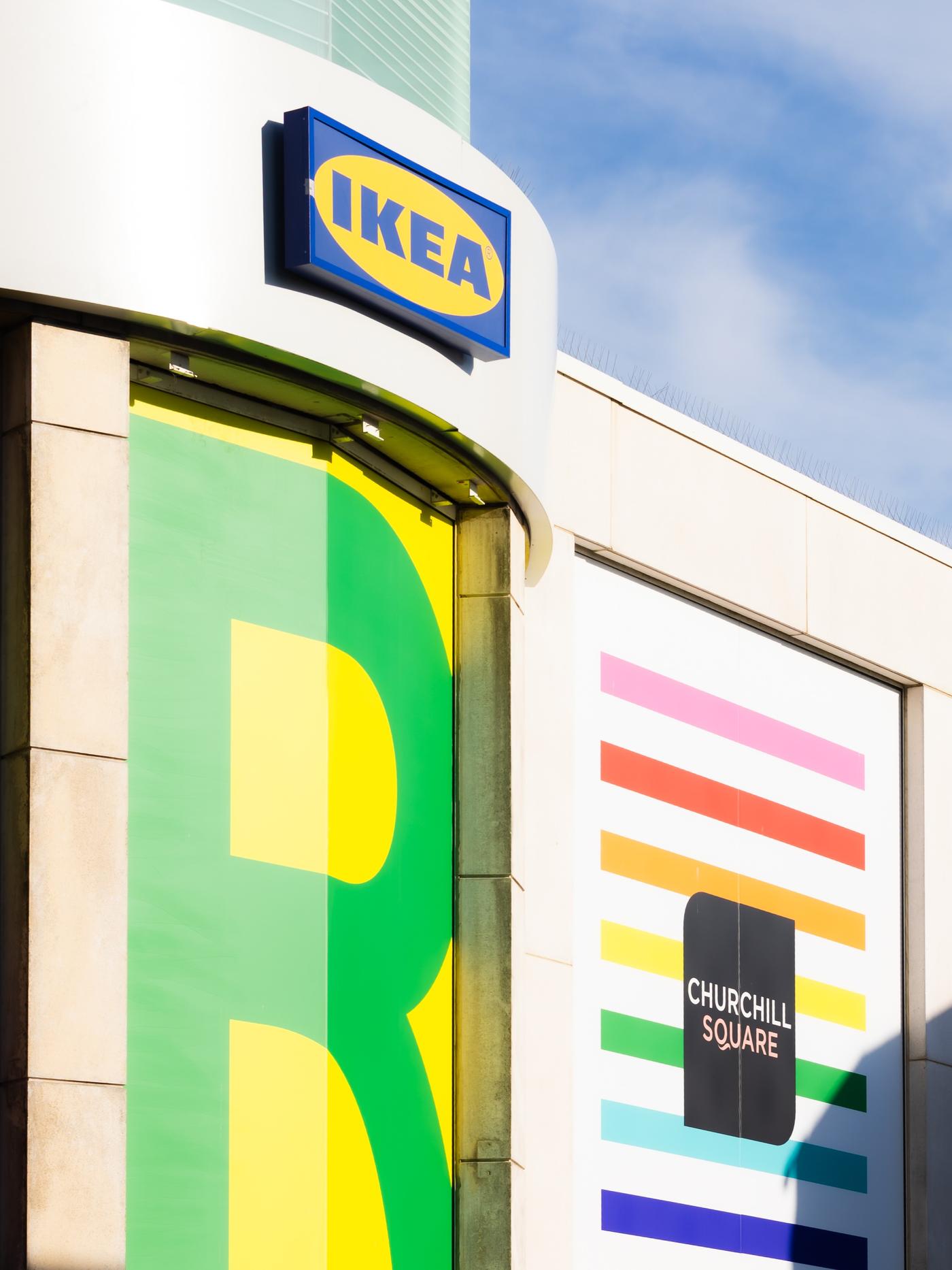 View of the outside of Brighton Churchil Square with the IKEA logo on the building.