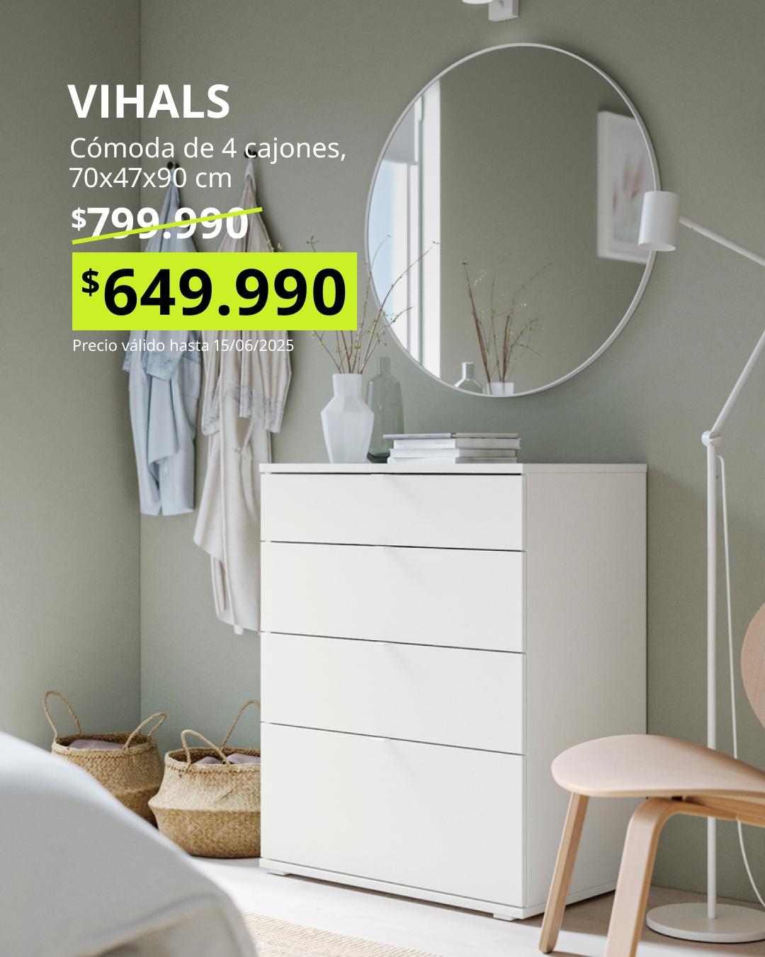 VIHALS cómoda blanca de 4 cajones 70x47x90 cm, opción accesible y versátil para orden diario