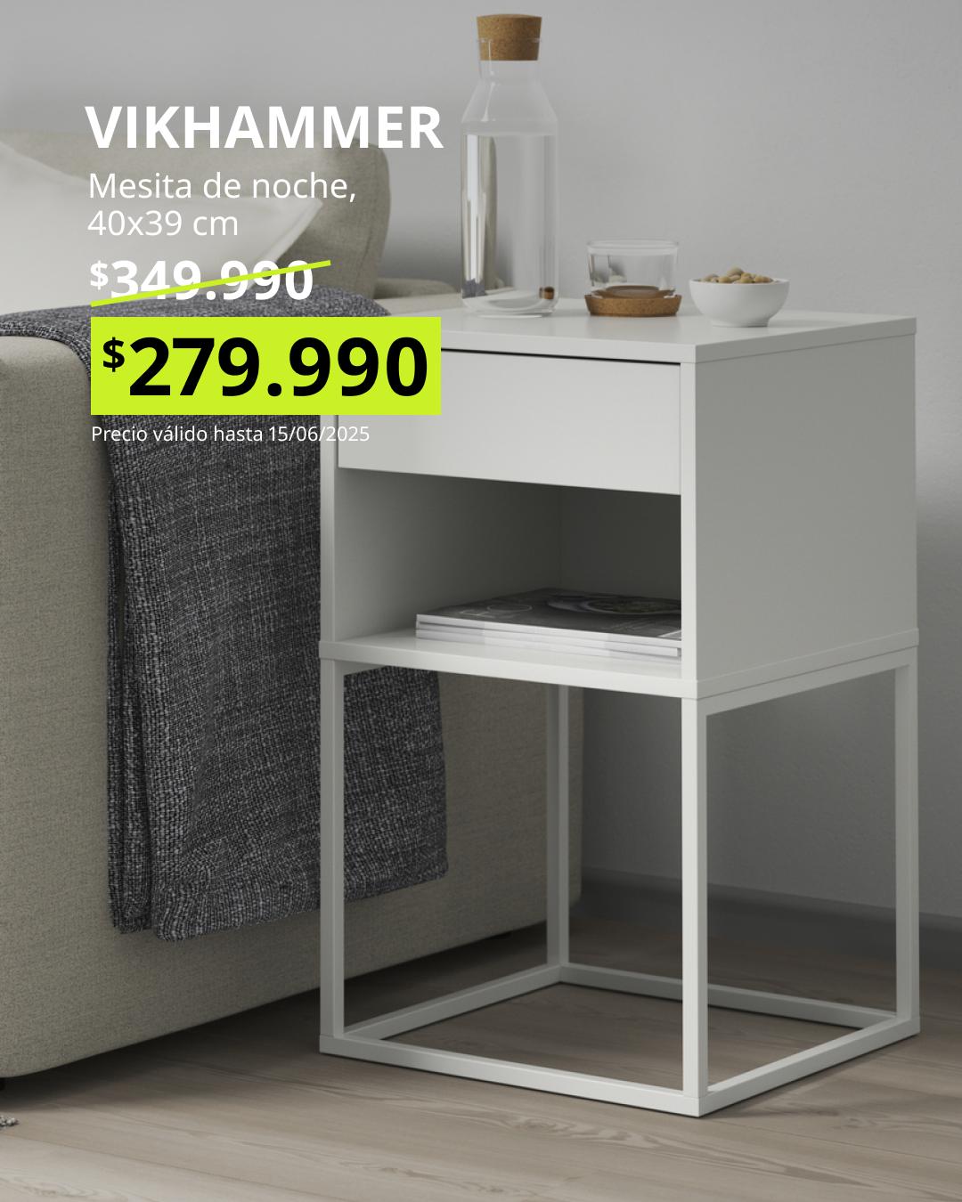 VIKHAMMER velador blanco 40x39 cm con cajón y repisa abierta, ideal para dormitorio funcional