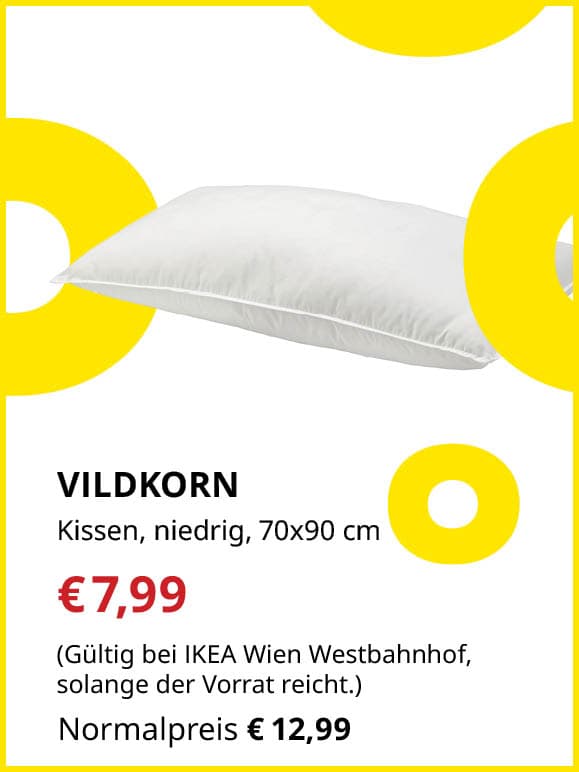 VILDKORN Kissen, niedrig, 70x90 cm für €7,99 statt €12,99. Gültig bei IKEA Wien Westbahnhof, solange der Vorrat reicht.
