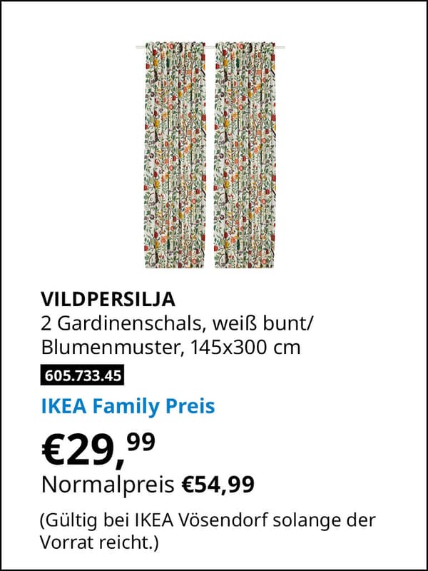 VILDPERSILJA 2 Gardinenschals 145x300 cm, bunt/Blumenmuster +Gardinenband zum IKEA Family  Preis von € 29,99 statt Normalpreis € 54,99