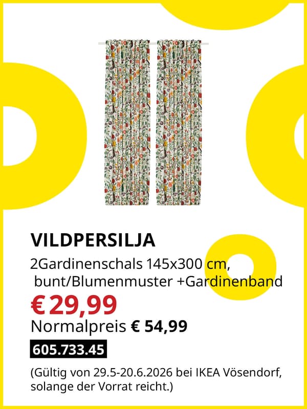 VILDPERSILJA 2 Gardinenschals 145x300 cm, bunt/Blumenmuster +Gardinenband zum Midsommar Sale Preis von € 29,99 statt Normalpreis € 54,99