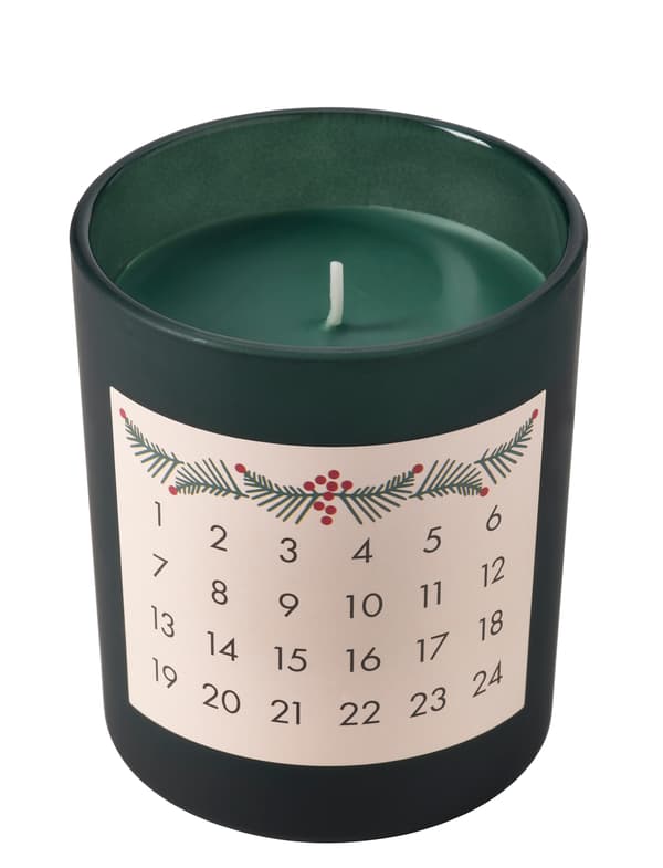  VINTERFINT geurkaars, heerlijk ruikend en met adventskalender op het glas. Brand iedere avond een stukje van de kaars en tel de dagen af tot kerst. 