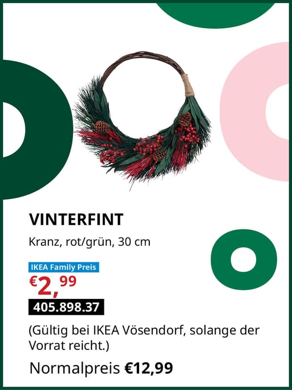 VINTERFINT Kranz rot/grün 30cm statt € 12,99 zum IKEA Family Preis von € 2,99