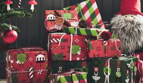 VINTERFINT wrapped presents stacked up together as Christmas gifts