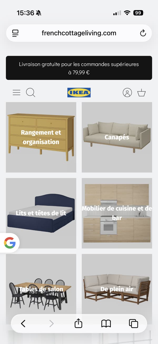 vision d'un écran de téléphone avec une page de présentation de produits IKEA