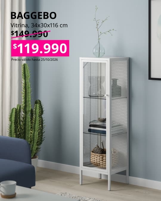 Vitrina BAGGEBO con puerta de vidrio, estructura metálica blanca y formato estrecho de 34x30x116 cm.